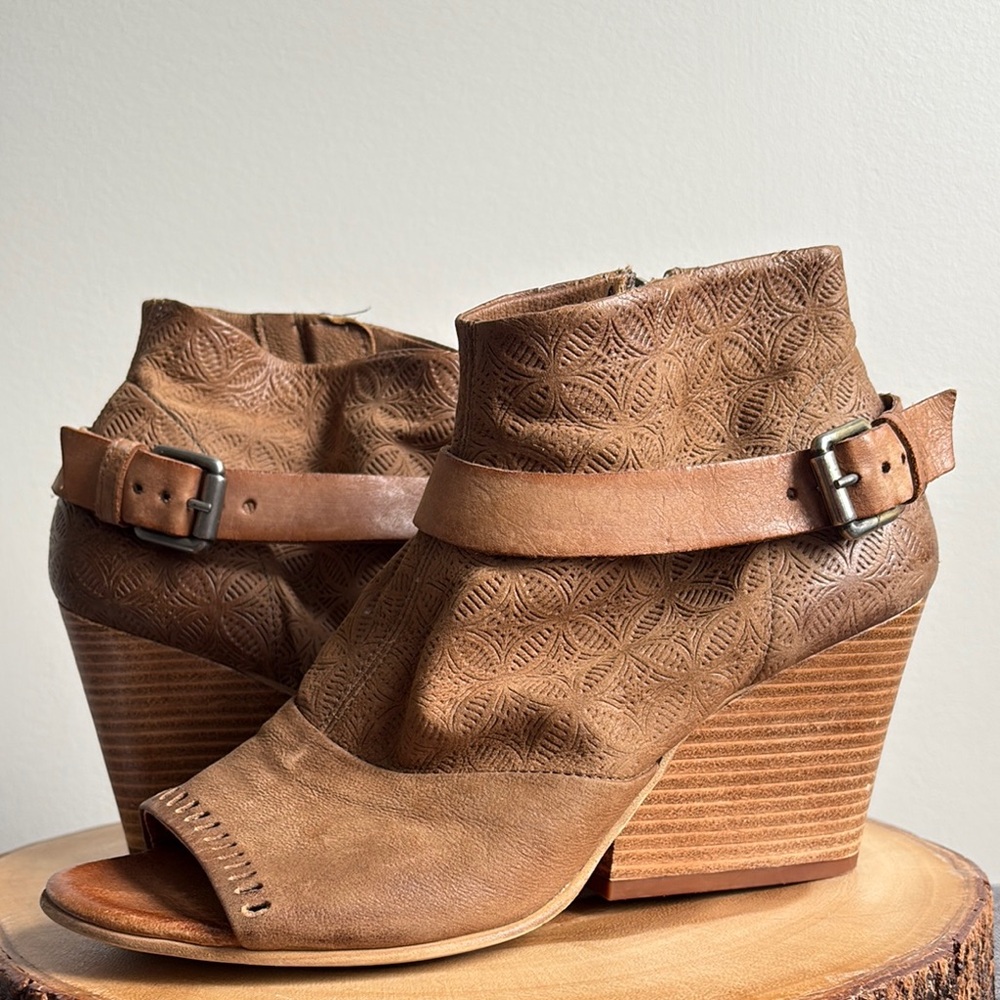 Miz Mooz Tan Carina Perforated Leather Wedge Ankle Booties
